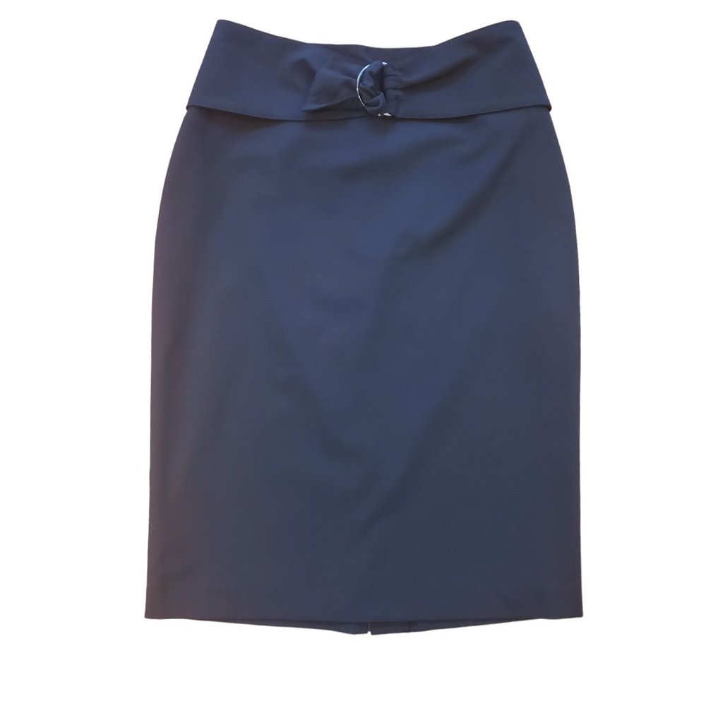 Le Chateau Black Stretch Pencil Skirt  Midi Length Belted Accent- Size 3/4